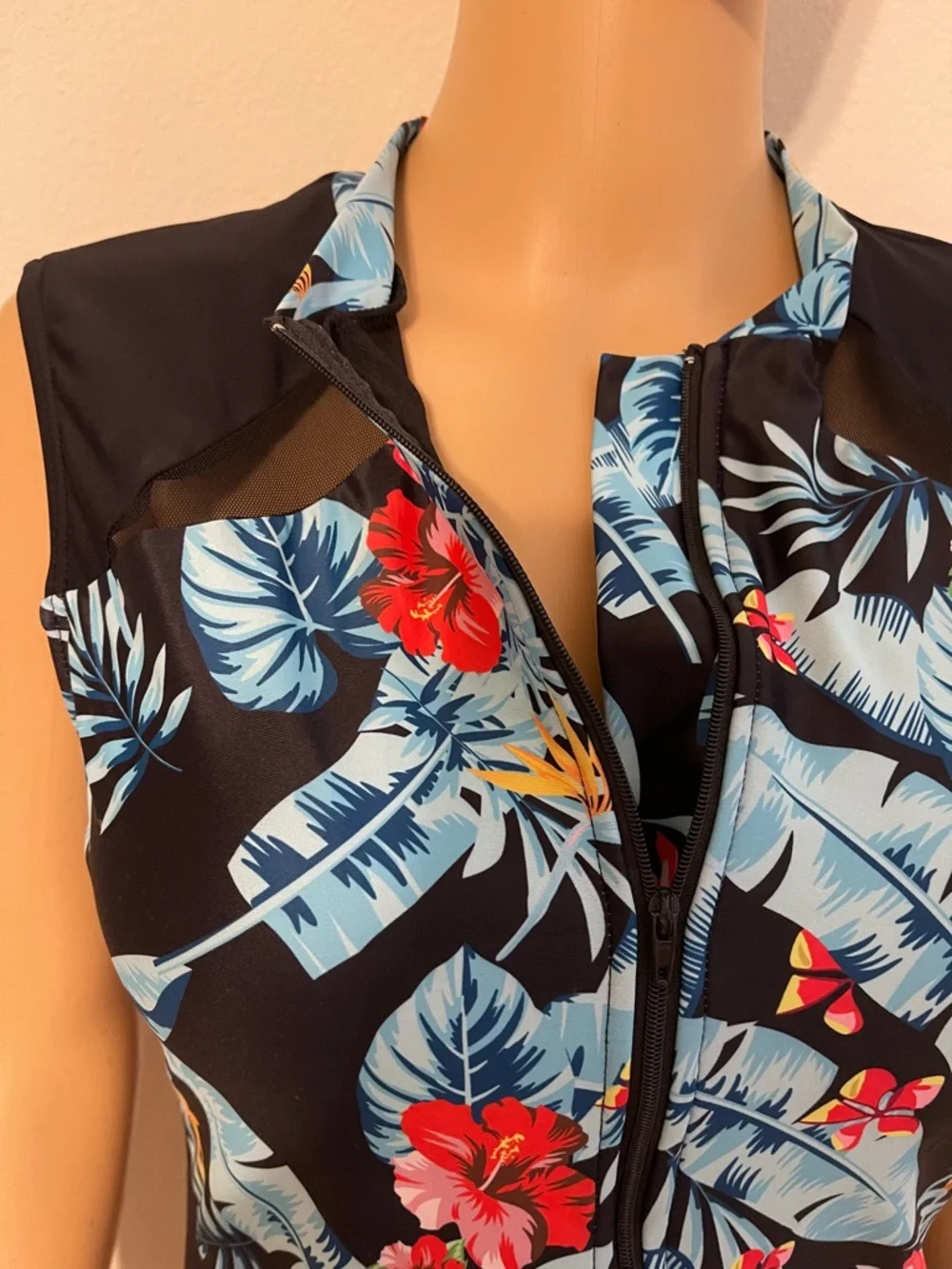 NWOT Swim Unitard Black Tropical Floral with Zip Front